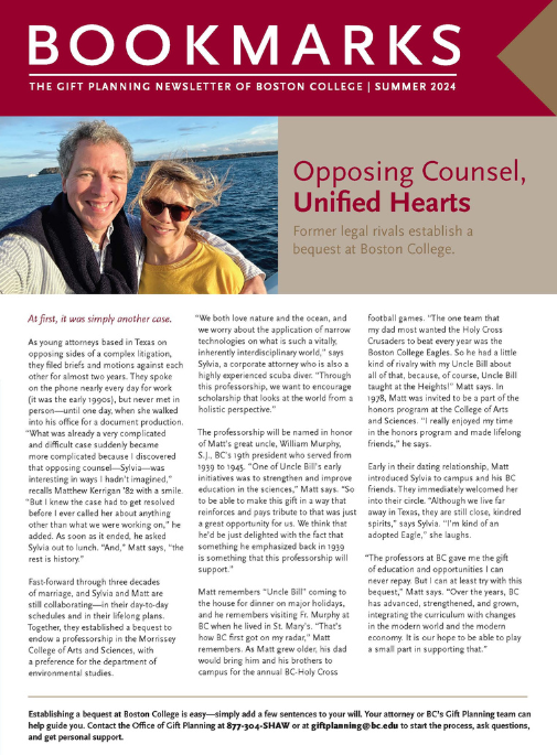 A smiling couple stands outdoors in front of water with a city skyline behind them, featured on the cover of the Fall 2025 Boston College newsletter about gift planning and establishing bequests. Text and articles cover the rest of the page.